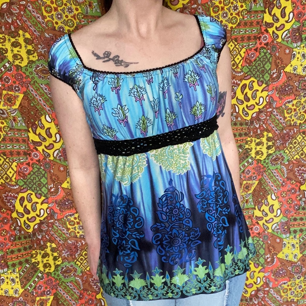 Y2K Black Blue and Green Babydoll Blouse with Crotchet Detail